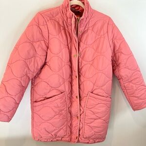 J.Crew mid-weight water repellent puffer coat, pink w/camel lining size small